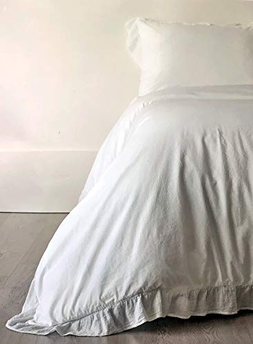 Piubelle Portugal Solid White 3pc Duvet Cover Set with Single Flange Fringed Edges Shabby Chic French Farmhouse Style Comforter Quilt Cover 100% Cotton Luxury (King)