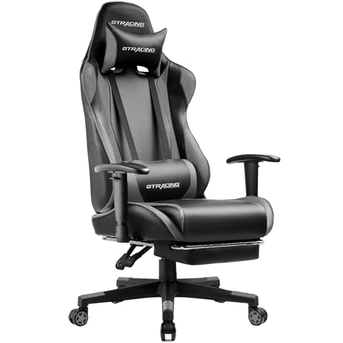 GTRACING Footrest, Ergonomic Computer Game Desk, Reclining Gamer Chair Seat Height Adjustment Swivel Rocker with Headrest and Lumbar, Grey
