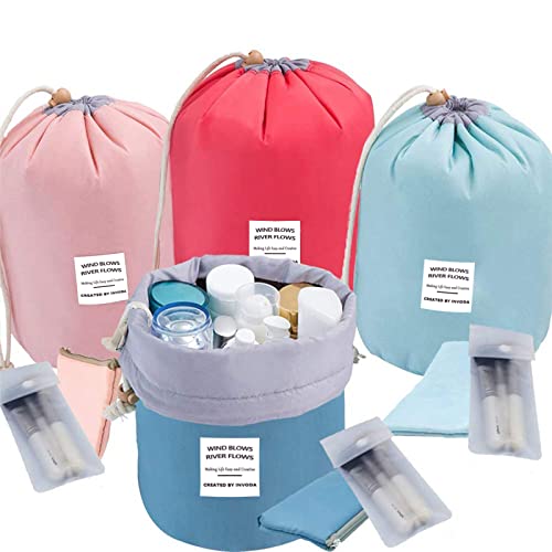 INVODA 4PCS Cosmetic Bag 4 Pieces Barrel Shaped Travel Makeup Bags Large Capacity Soft Waterproof Portable Drawstring Cosmetic Bag Multifunctional Bucket Toiletry Bag (Green+Pink+Blue+Red)