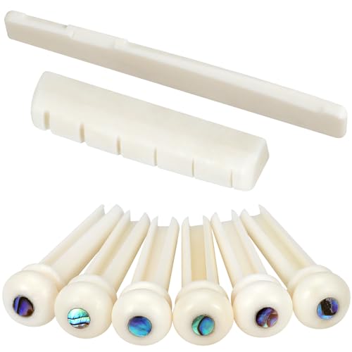 Blisstime 6 String Acoustic Guitar Bone Bridge Saddle and Nut and 6pcs Guitar Bone Bridge Pins Made of Real Bone