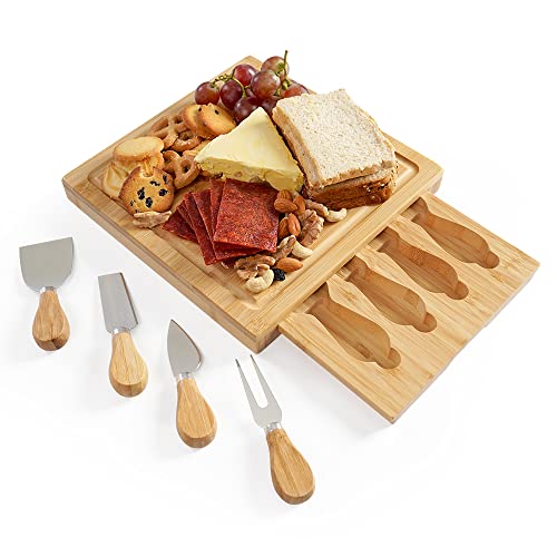 Yibidys Cheese Board Set, Charcuterie Board Set, Bamboo Cheese Plate Including Knife Sets, Cheese Tray with Slide-Out Drawer for Home and Gift