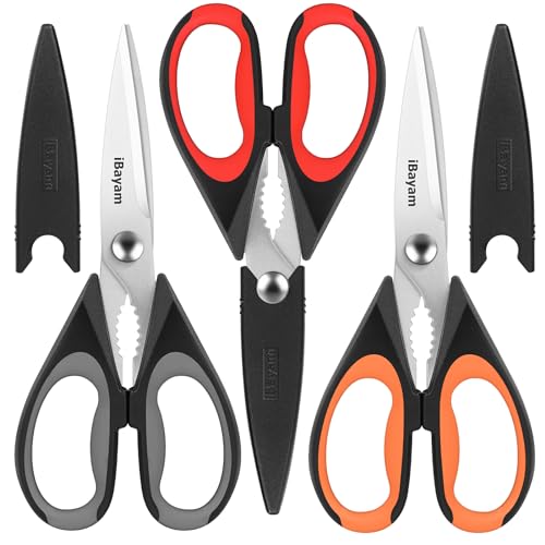 iBayam 3-Pack Kitchen Scissors All Purpose Kitchen Shears Heavy Duty Scissors with Protective Sheath for Food, 8.5' Comfort Grip Stainless Steel Dishwasher Safe Cooking Scissors, Kitchen Utensils