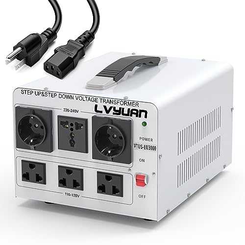 LVYUAN Heavy Duty 3000W Watt Voltage Transformer Converter Step Up/Down Converter 110/120 Volt - 220/240 Volt with 3 US,2 European,1 Universal Outlets and CE Certified,Circuit Break Protection