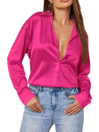 SOLY HUX Women's Satin Silk Long Sleeve Button Down Shirt Formal Work Blouse Top Solid HotPink Satin XS