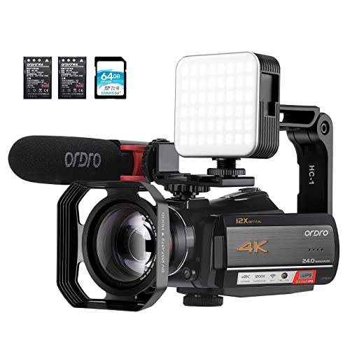 ORDRO 4K Video Camcorder AC5 1080P 60FPS 3.1'' IPS Touch Screen WiFi Vlogging Video Camera, YouTube Video Streaming Camera with 12X Optical Zoom, Microphone, Wide Angle Lens, 64G SD Card, Batteries