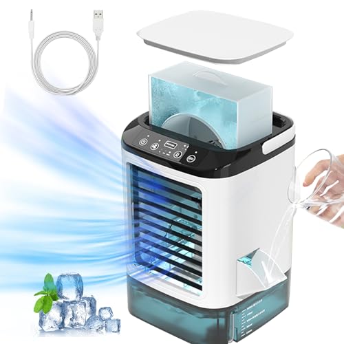 Liusoreg Portable Air Conditioners Fan 4-in-1 Mini Personal ac Unit Rechargeable Upgraded Air Cooler Small Air Conditioner 900ml Tank 3 Cool Mist & Speeds & 7 Night Light for Room Office Camping Car