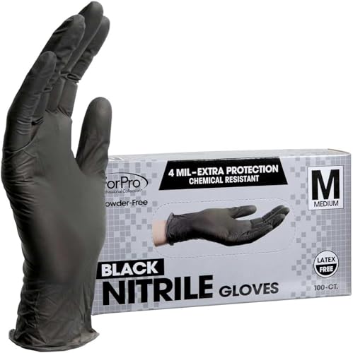 ForPro Professional Collection Disposable Nitrile Gloves, Chemical Resistant, Powder-Free, Latex-Free, Non-Sterile, Food Safe, 4 Mil, Black, Medium, 100-Count