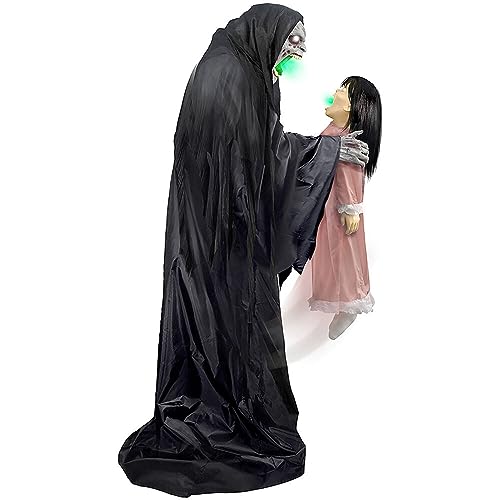 Haunted Hill Farm Soul Sucker Demon Reaper with Child by Tekky, Motion-Activated Talking Scare Prop Animatronic for Creepy Indoor or Covered Outdoor Halloween Decoration, Plug-in or Battery Operated
