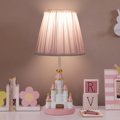 HERBESTBAY Kids Table Lamp, Adorable 14 Inch Castle Style Kids Desk Lamp, Pink Bedside Lamp Ideal for Girls Bedroom Decor, Includes LED Bulb