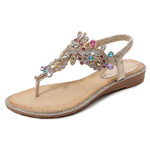 iCKER Women Rhinestone Sandals T-Strap Buckle Bohemian Pearl Crystal Flat Sandals-PD01-Gold-8
