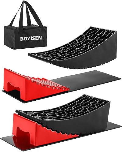 BOYISEN Camper Levelers 2 Pack - RV Leveling Blocks Ramp Kit Support Dual Axles,Up to 35,000lbs,RV Levelers with 2 Levelers,2 Chocks,2 Anti-Slip Mats and Carrying Bag Faster & Easier Leveling (Black)