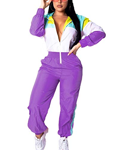 EOSIEDUR Women's One Piece Tracksuit Outfits Windbreaker Jacket Camouflage Crop Top Pants Jumpsuit 80s/90s Set Purple XL