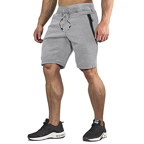 CRYSULLY Men's Cotton Shorts Slim Fit Work Trousers Casual Running Shorts with Zip Pocket Grey