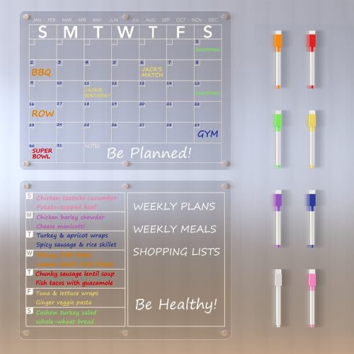 Neatsure Acrylic Magnetic Calendar for Fridge 2 Pack, Monthly and Weekly Meal Planner, Clear Dry Erase Board for Refrigerator, Menu Board for Kitchen, w/ 8 Colors Markers, 15'x11'