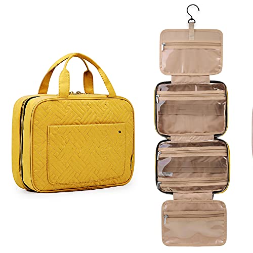 BAGSMART Toiletry Bag Travel Bag with Hanging Hook, Water-resistant Makeup Cosmetic Bag Travel Organizer for Accessories, Shampoo, Full Sized Container, Toiletries, Yellow, Large