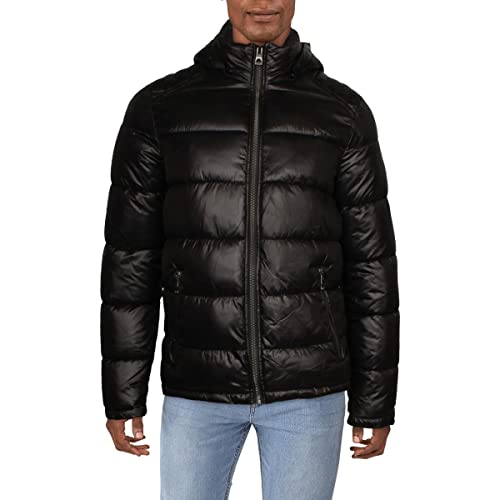 GUESS mens Mid-weight Puffer Jacket With Removable Hood Down Alternative Coat, Black, Medium US