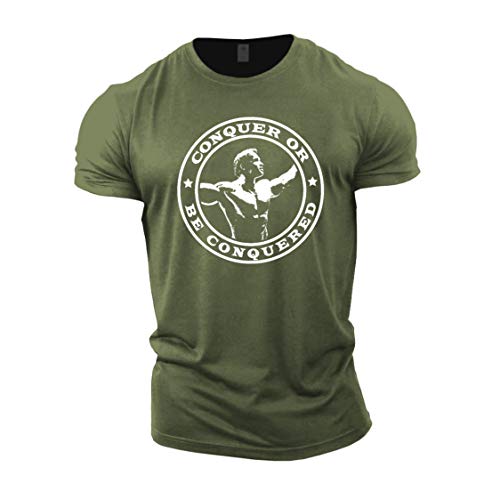 GYMTIER Mens Bodybuilding T-Shirt - Arnold Schwarzenegger Conquer - Gym Training Top Green Large