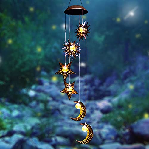 Tryme Solar Wind Chimes for Outside with Sun Moon Star Solar Hanging Lights Outdoor Windchimes Garden Decor Mom Gifts for Mothers Day Grandma Neighbors