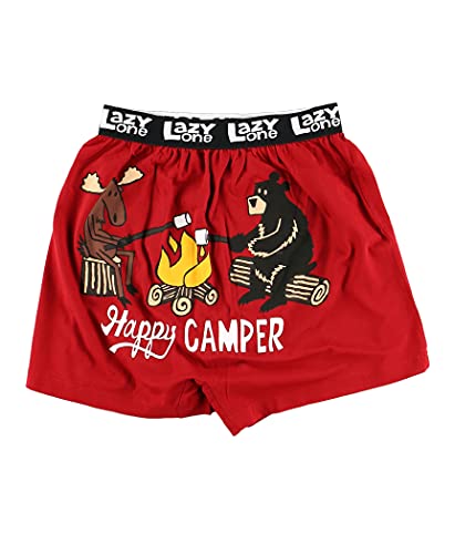 Lazy One Funny Animal Boxers, Novelty Boxer Shorts, Humorous Underwear, Gag Gifts for Men, Camping, Bear, Moose (Happy Camper, Large)