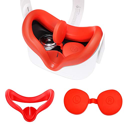 VR Face Silicone Cover Mask Combo with Protective Lens Cover for Oculus Quest 2 Headset Face Pad Cushion Accessories Set Sweatproof Lightproof by X-super Home (Red, Oculus Quest 2)