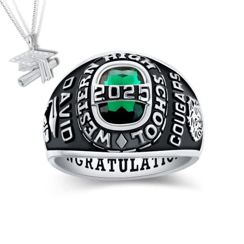 PJM Customized Sterling Silver or 10 KT Gold Men's High School and College Class Ring – Royal Collection - Fully Personalized -Mementos Jewelry (Sterling Silver Platinum)