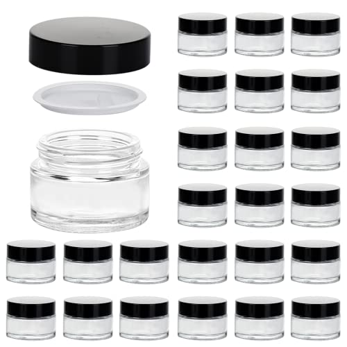 1oz Glass Jar with Lid, Hoa Kinh 25Pack Clear Round Containers Cosmetic Glass Jars with Inner Liners and Black Lids Travel Jars for Storing Lip and Body Scrub, Lotion, Body Butter, Bath Salts, Liquid