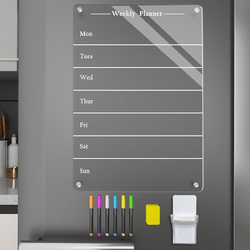 Todkoding 9'x13' Clear Weekly Meal Planner Magnetic Acrylic Board,Acrylic Magnetic Dry Erase Board for Fridge, Magnet Week Calendar for Refrigerator Includes 6 Colors Markers and Pen Container1