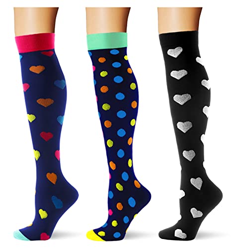 Saniripple (3 pairs) Compression Socks 20-30 mmHg Long Socks for Women and Knee High Socks for Women Black Colorful S/M