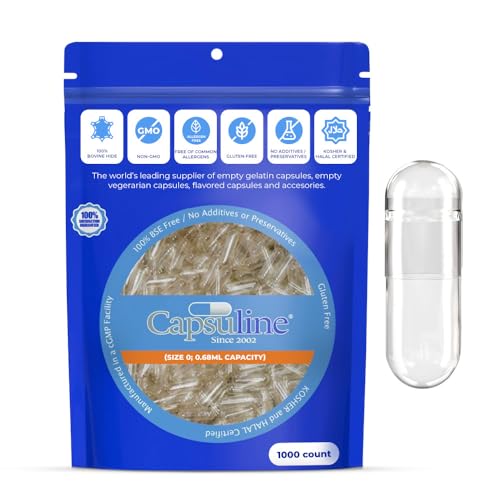 Capsuline Size 0 Empty Gelatin Capsules, Clear - 1000 Count | Gluten Free, Kosher, Non-GMO Certified | Pure Bovine Pill Caps for DIY Supplement Filling