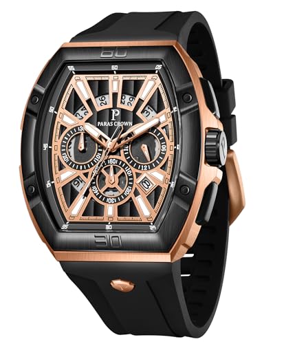 PC PARAS CROWN Watches for Men Tonneau Waterproof Quartz Luxury Chronograph Analog Men's Wrist Watches Stainless Steel Mens Watches