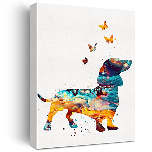 Watercolor Dachshund Dog Canvas Wall Art Dachshund Butterfly Canvas Print Painting Poster Wall Decor Framed Dog Lovers Gifts 12x15 Inch