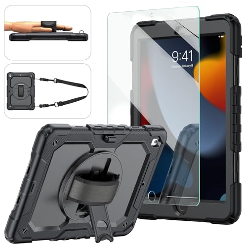 iPad 9th/8th/7th Generation Case, iPad 10.2 Case 2021/2020/2019, [Kid Proof] ambison Full Body Protective Case with 9H Tempered Glass Screen Protector, 360° Rotatable Kickstand & Hand Strap (Black)