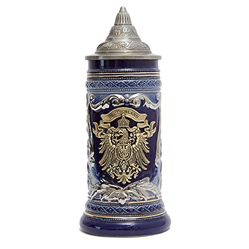 HAUCOZE Beer Stein Mug German Eagle Medallion Stanley Viking Tankard with Petwer Lid Birthday Gifts 0.6Liter