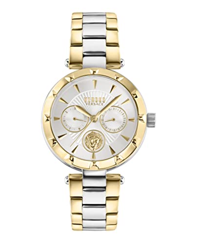 Versus Versace Sertie Womens Two Tone Yellow Gold Fashion Watch with Silver Enamel Dial. Multifunction Day and Date Sub Dials. Adjustable Two Tone Bracelet.