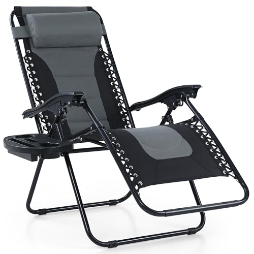 PHI VILLA Padded Zero Gravity Lounge Chair Folding Patio Recliner with Adjustable Headrest & Cup Holder, Support 350 LBS (Grey)