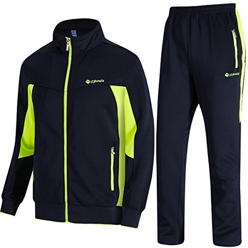 TBMPOY Men's Tracksuits Sweatsuits for Men Set Track Suits 2 Piece Casual Athletic Jogging Warm Up Full Zip Sweat Suits Navy/Fluorescent Green XL