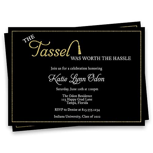 Graduation Invitations Open House Invites Grad Celebration Tassel Worth the Hassle Black Gold Customizable High School GED Military Graduates College Trade Personalized Custom Printed Cards (12 Count)