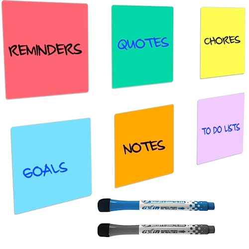 Reusable Dry Erase Sticky Notes - 6 Pack of 4'x4' Multi Color Post It Notes - Small White Board Dry Erase Stickers - 2 Magnetic Whiteboard Markers- Great for Labels, Lists, Reminders and Decals
