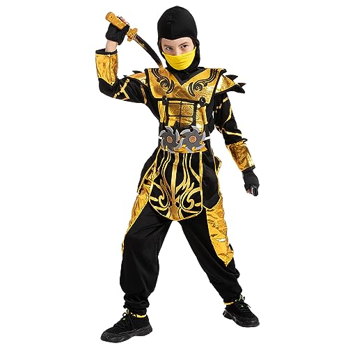 Spooktacular Creations Gold Ninja Costume for Boys, Child Golden Ninja costume Ninja Themed Parties, Halloween Costume Dress Up (Medium (8-10yr))