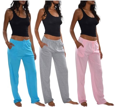 Sexy Basics Women's 3 Pack Soft Flex-Cotton Knit Pajama Pants/Lounge Pants/Sleep Pants (3 Pack-Pink/Tahiti Blue/Grey, X-Large)