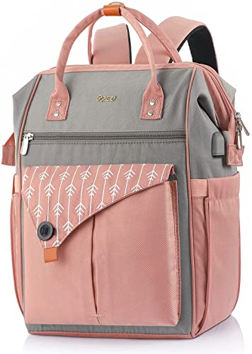 RJEU Backpack for Women School Backpack, 15.6 Inch Computer Back Pack with USB Charging Port Travel Bookbag for College Work Business, Gifts for Women Girls, Pink