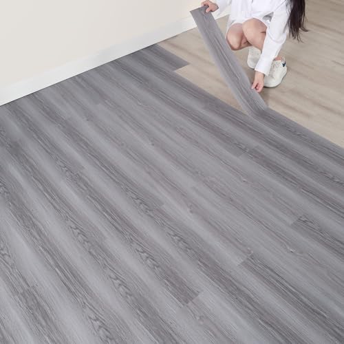 Peel and Stick Floor Tile, 10 Pack 15 Sq.Ft Self Adhesive Vinyl Flooring Planks,Adhesive Waterproof Wood Grain Look Flooring Tiles for Bathroom, Kitchen, Living Room (35' x 6', Grey)