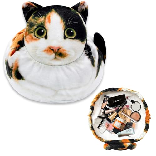 Openhahaha Drawstring Makeup Bag, Cat Makeup Bag, Cosmetic Pouch Bag Drawstring, Cat Gift for Women, Lay Flat Makeup Bag for Christmas Gifts, Travel Makeup Organizer Pouch
