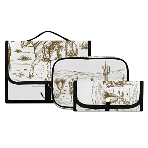 WELLDAY Western Desert Cowboys Travel Toiletry Bag Cosmetic Make up Brush Cases Hanging Water-resistant Accessories Organizer for Women 3PCS
