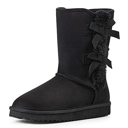 KRABOR Womens Suede Snow Boots Mid-Calf Winter Shoes with Side Bows Black Size 8