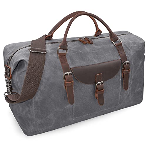 Oversized Travel Duffel Bag Waterproof Canvas Genuine Leather Weekend bag Weekender Overnight Carryon Hand Bag Grey