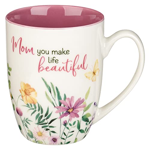 Special Coffee Mug for Mothers, Mom You Make Life Beautiful Purple Wildflowers Inspirational Coffee/Tea Cup for Her Birthday, Mother's Day, 12oz Ceramic, With Love