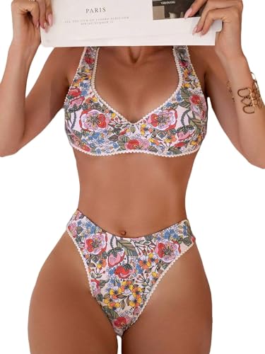 Falainetee Women's Floral Printed Bathing Suit High Waisted Knot Swimsuit Bikini Set White M