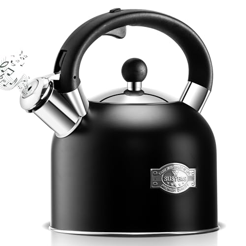 SUSTEAS Tea Kettle - 3.17QT Whistling Kettle with Ergonomic Handle - Premium Stainless Steel Tea Pots for Stove Top, Chic Vintage Teapot with Composite Base, Work for All Stovetops (Black)