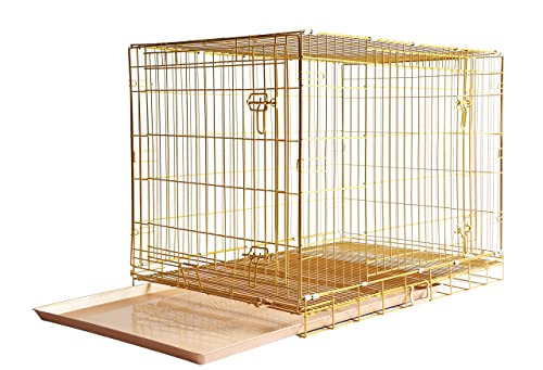 HOMEY PET Gold Dog Crate 42 Inch, Portable Folding Metal Wire Dog Kennel Pet Dog Cage with Removable Floor Grid, Pull Out Leak-Proof Pan, Double Doors, Handle for Medium-Large Dog, Indoor Travel